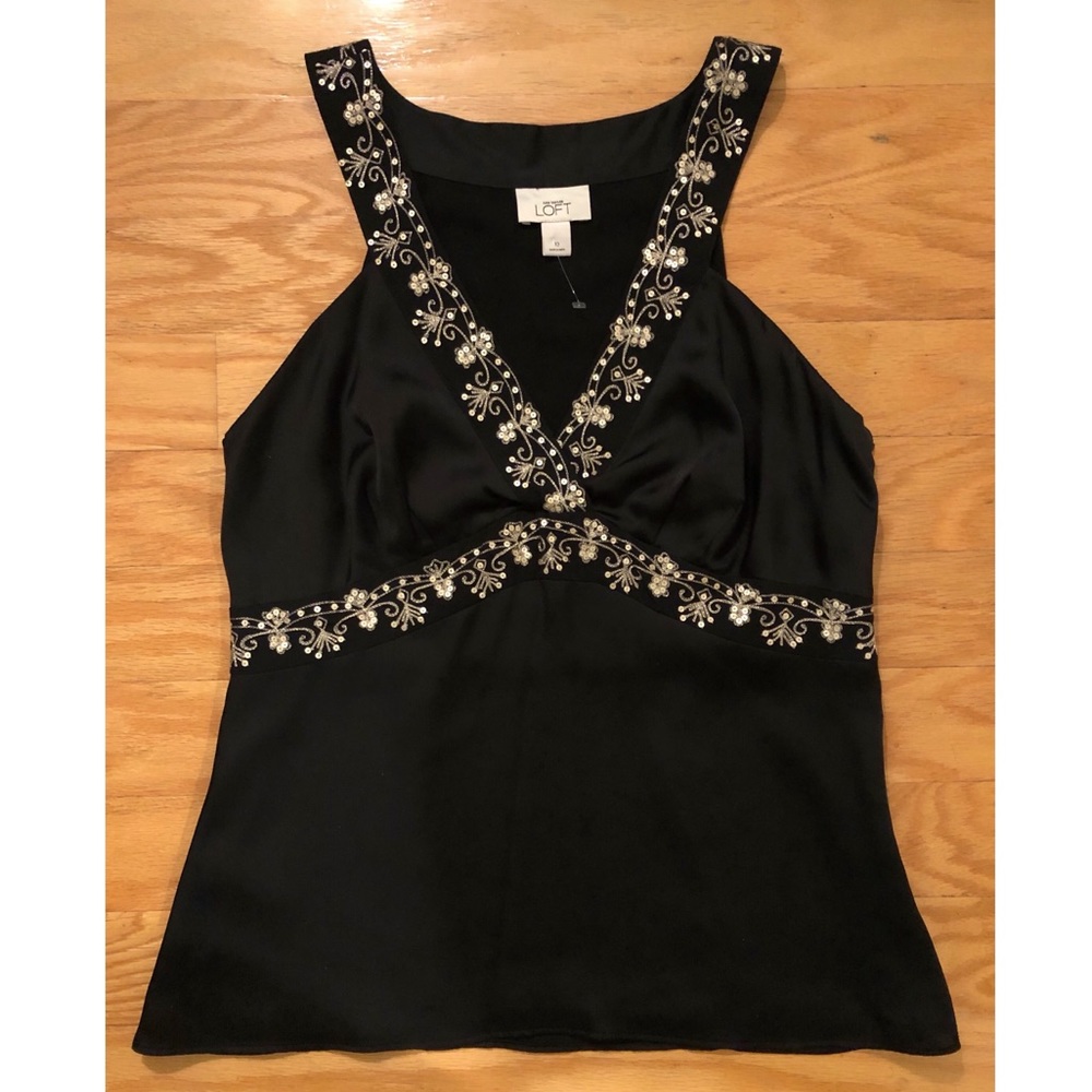 NEW! LOFT Black Satin Camisole Top Blouse, Embroidery, Size 10
